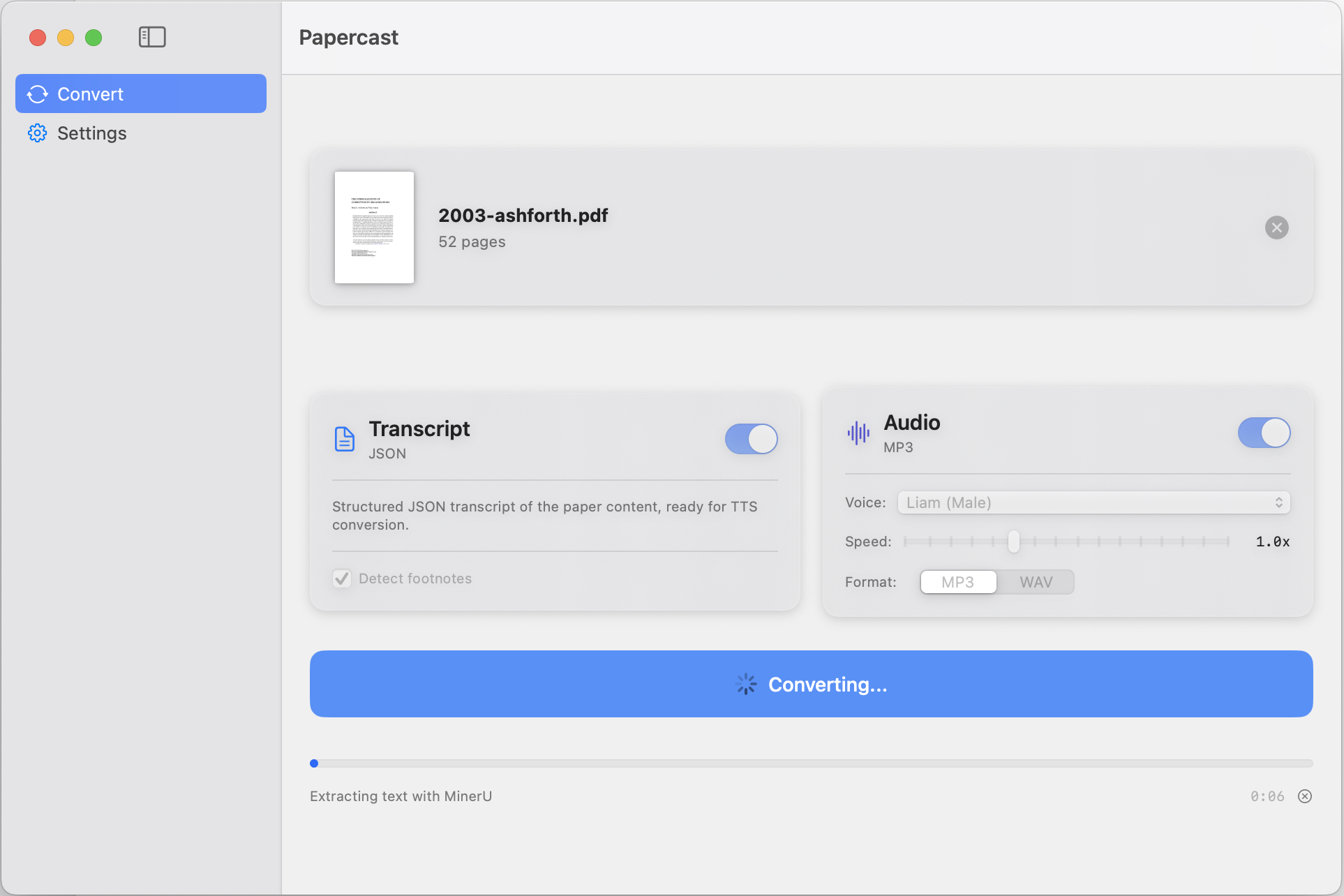 Papercast app — PDF to audio conversion